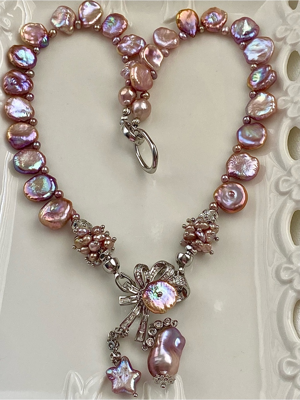 N323-Premium Metallic Purple Keshi Pearl Necklace  Detachable Pendant/Brooch